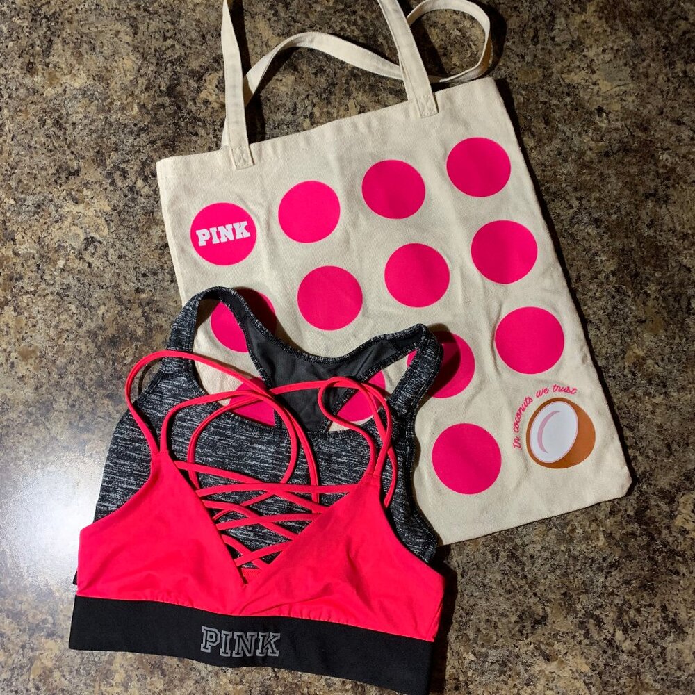 collection of 2 bras (PINK & VSX) size S, and one PINK bag/tote